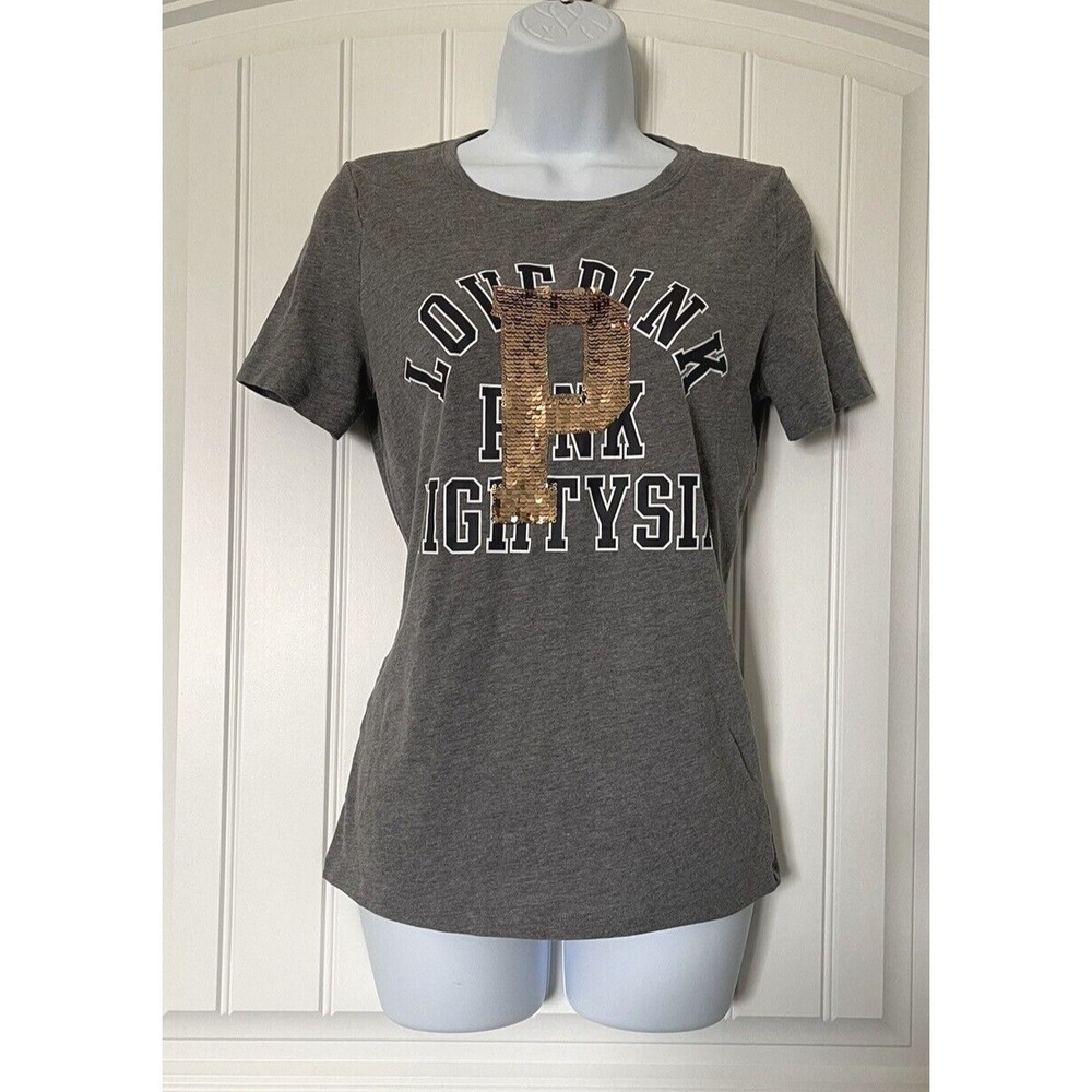 Victoria Secret Pink EightySix Womens T-Shirt Size Small Gray Shirt W/Sequins